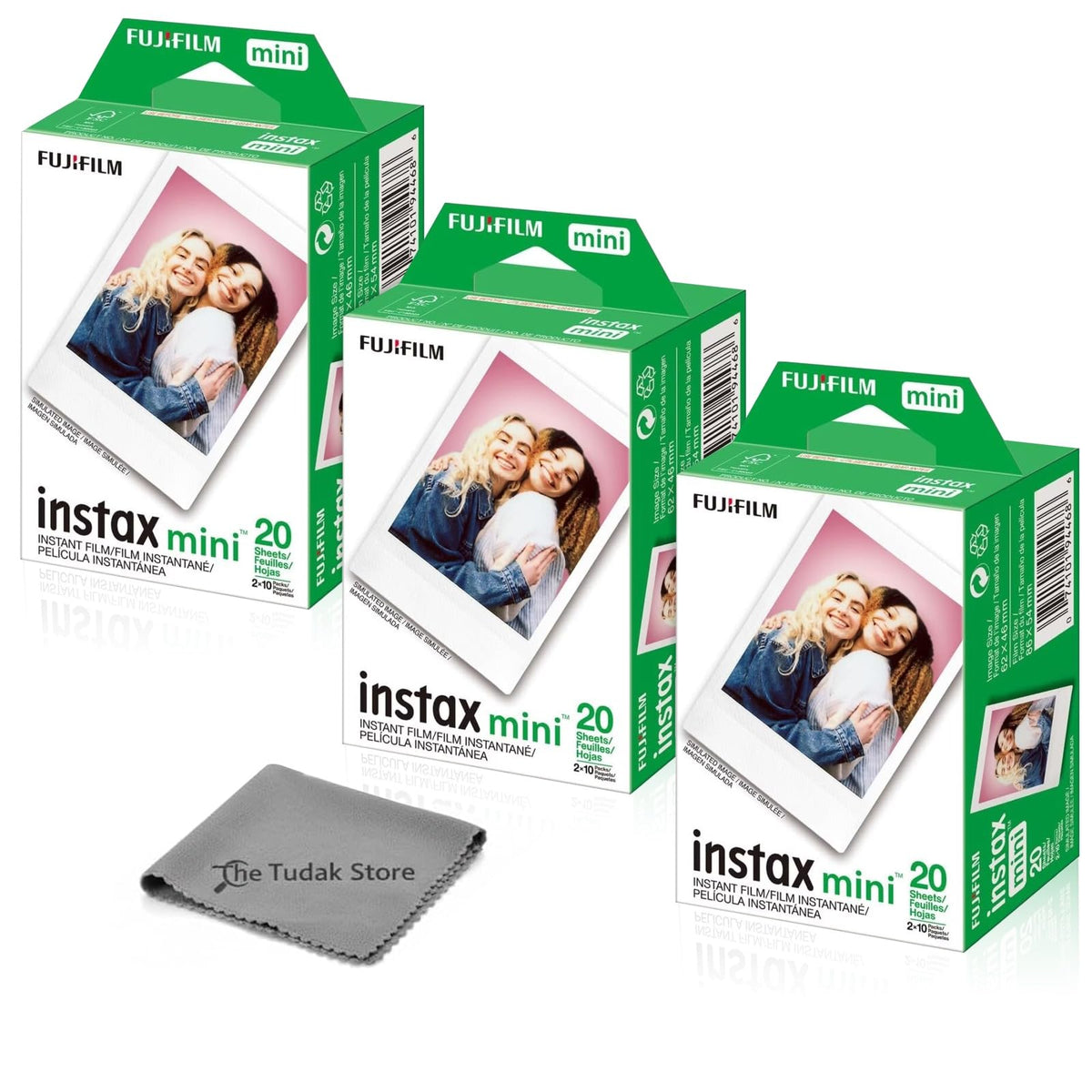 Fujifilm Instax Mini Instant Film, 20 Sheets – White Daylight ISO 800 for Instax Mini 13, 12, 11, 41 Cameras –Bundeld with The Tudak Store Microfiber Cleaning Cloth