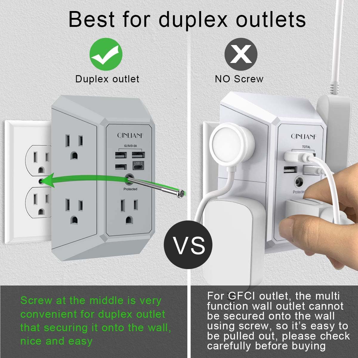 Surge Protector, QINLIANF 5 Outlet Extender with 4 USB Ports(2USB-C)