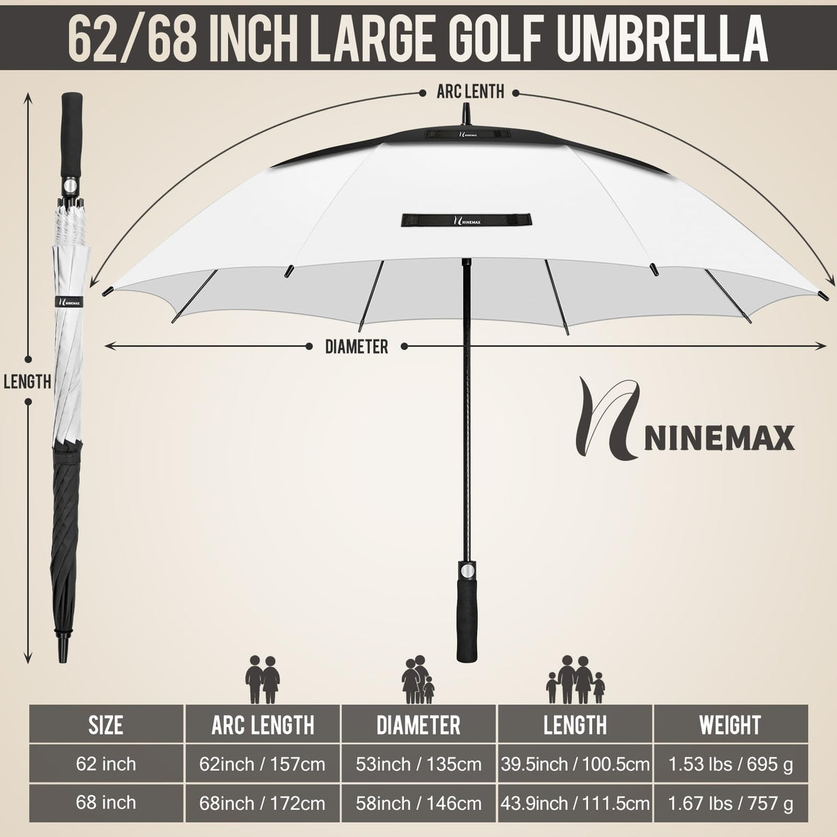 NINEMAX Large Golf Umbrella Windproof Strong 54/62/68 Inch,Extra Big Golf Umbrellas Automatic Open Double Canopy for Gents Women