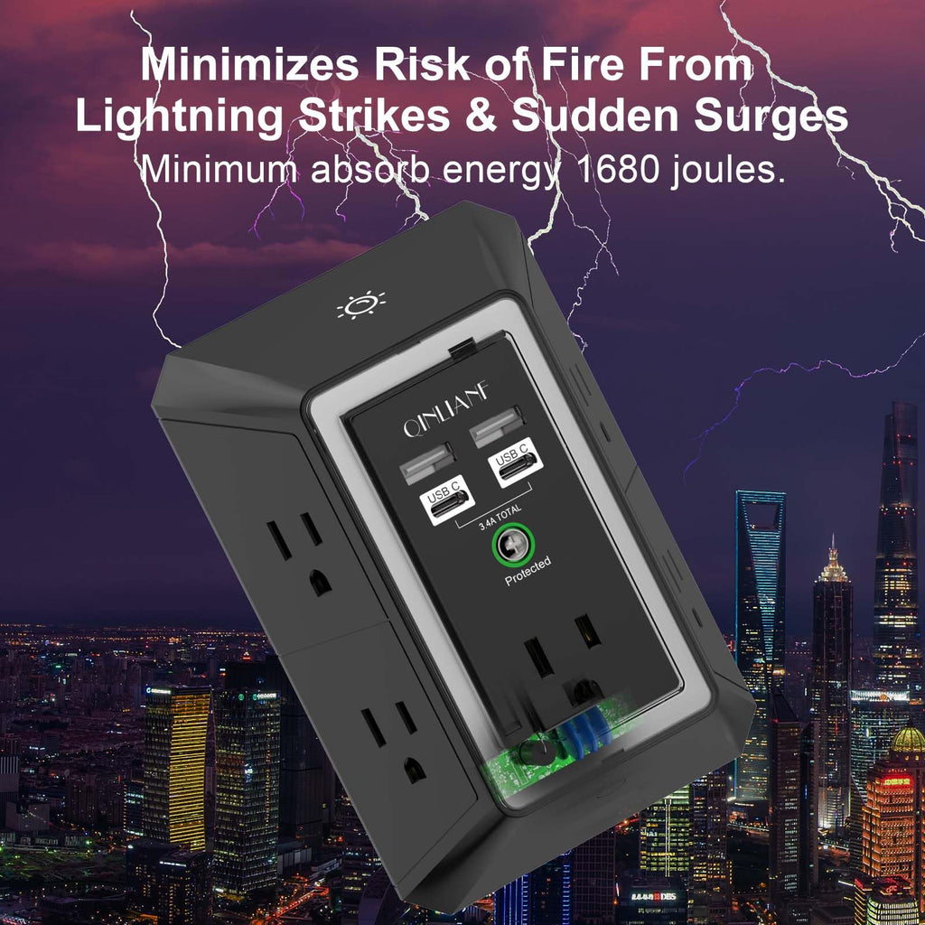 Surge Protector, QINLIANF 5 Outlet Extender with 4 USB Ports(2USB-C)