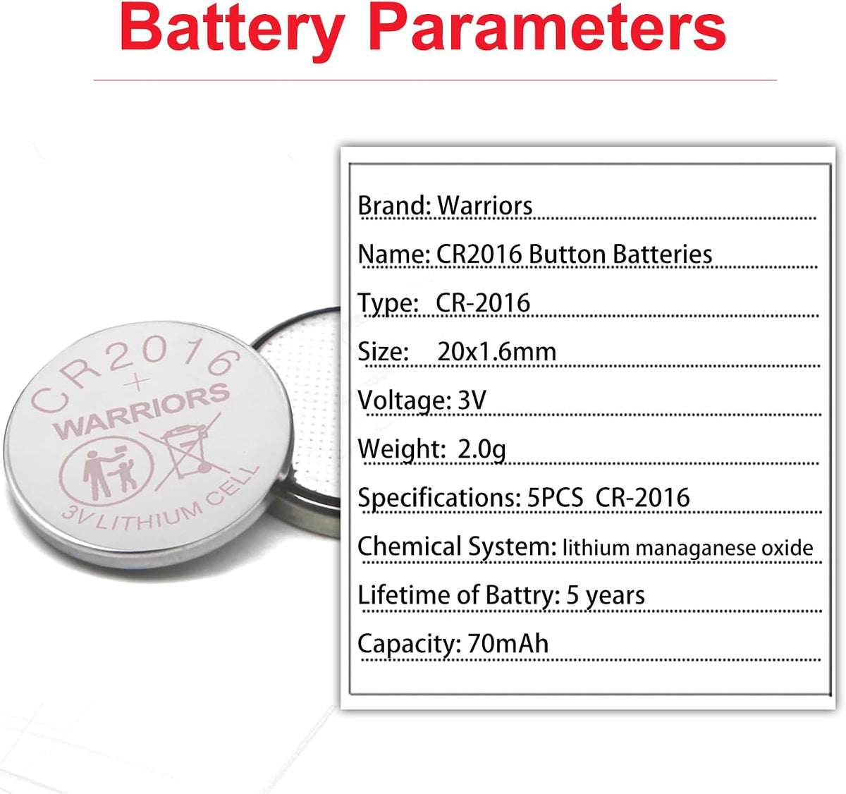 Warriors 5X CR2016 Batteries, 3V Lithium Coin Batteries