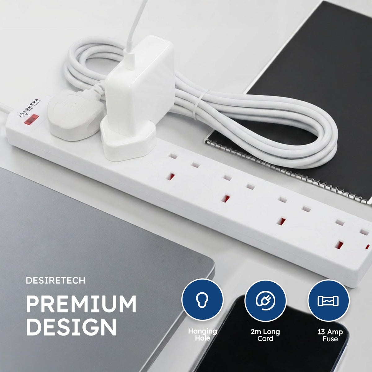 DESIRETECH White Electric Extension Lead - 6 Gang, 1 Metre Cable with UK Plug & 3 Pin Socket - Wall Mountable & Multi Socket Mains Strip for Home, Bedroom, Kitchen, & Office (1 Pack)