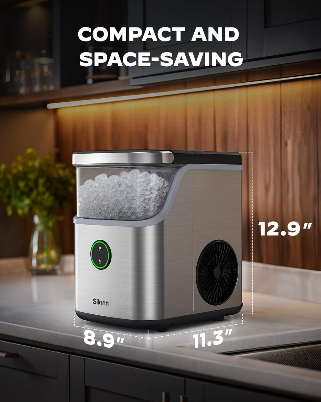 Silonn Ice Maker Countertop, 9 Cubes Ready in 6 Mins, 26lbs in 24Hrs, Self-Cleaning Ice Machine with Ice Scoop and Basket, 2 Sizes of Bullet Ice for Home Kitchen Office Bar Party