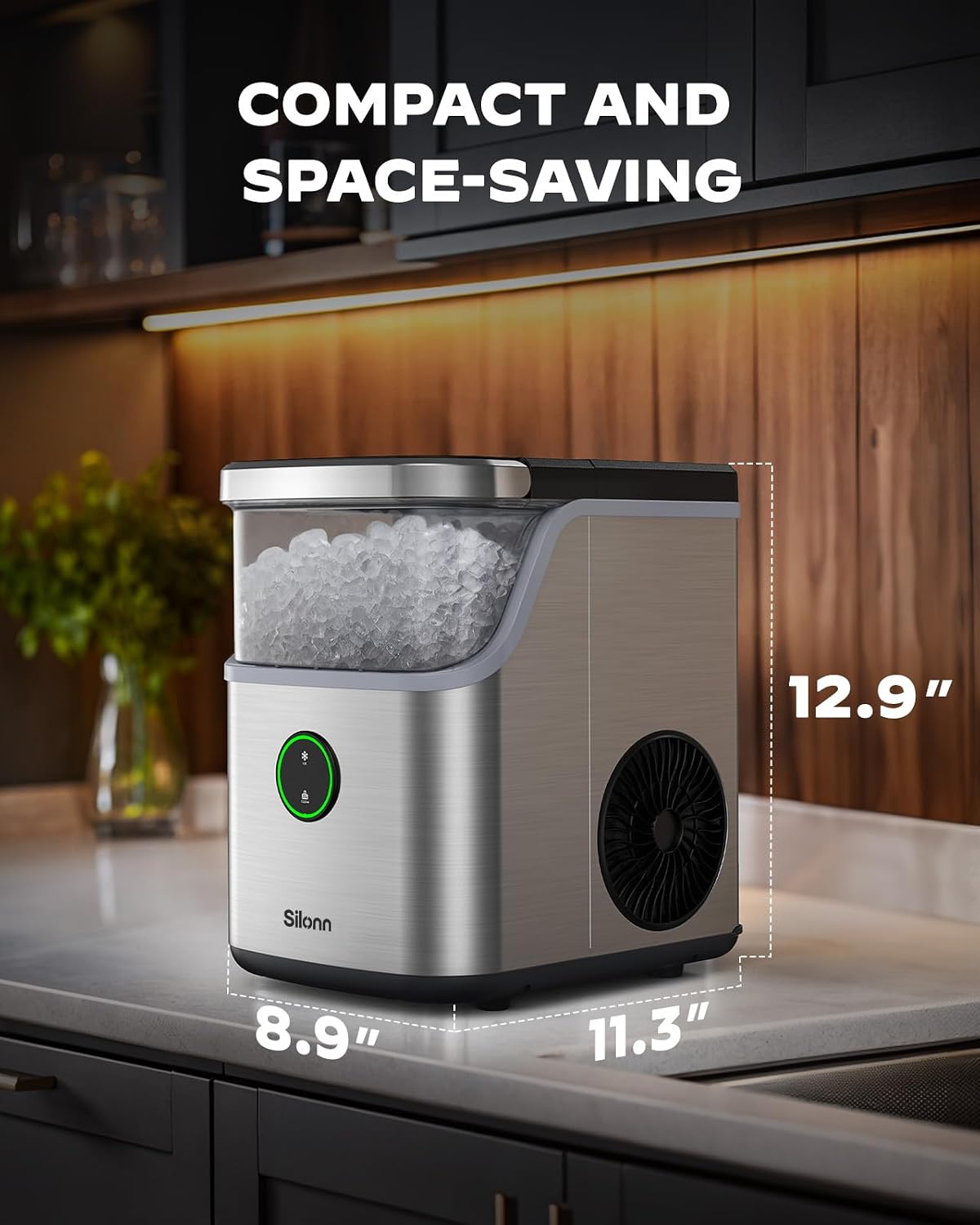 Silonn Ice Maker Countertop, 9 Cubes Ready in 6 Mins, 26lbs in 24Hrs, Self-Cleaning Ice Machine with Ice Scoop and Basket, 2 Sizes of Bullet Ice for Home Kitchen Office Bar Party