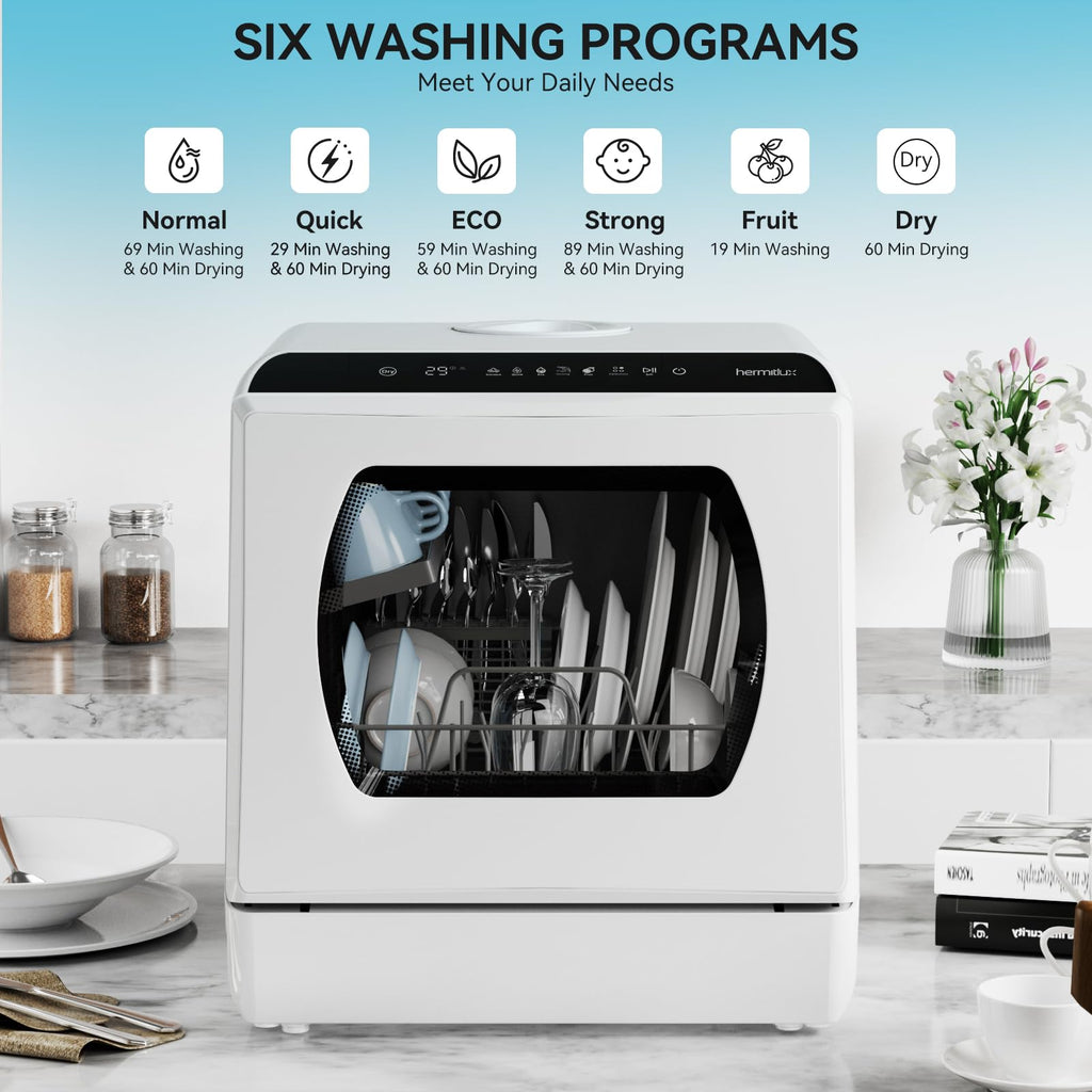 Hermitlux Slim Countertop Portable Dishwasher for Small Spaces