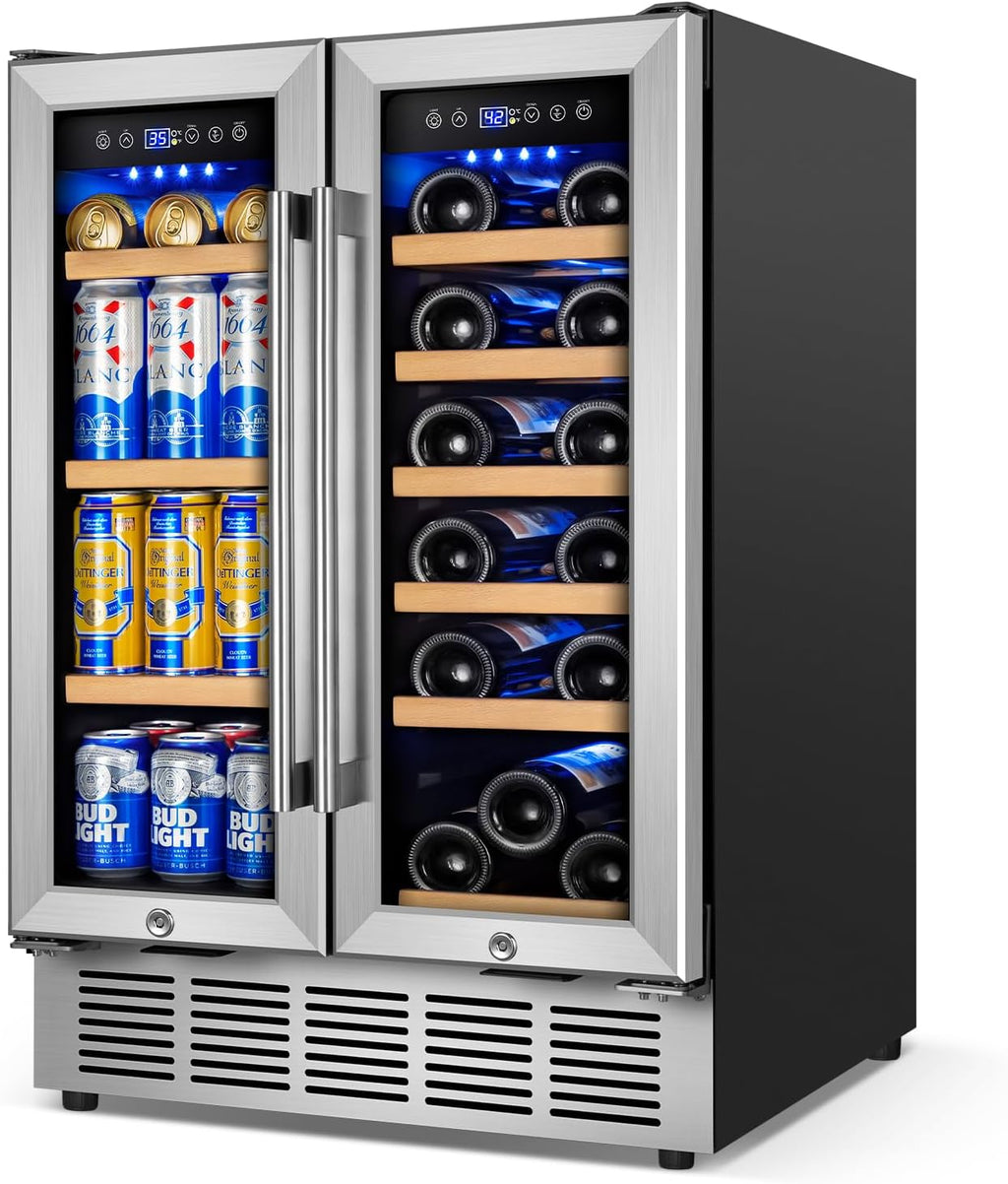 24" Dual Zone Wine and Beverage Refrigerator, Under Counter with Glass Door
