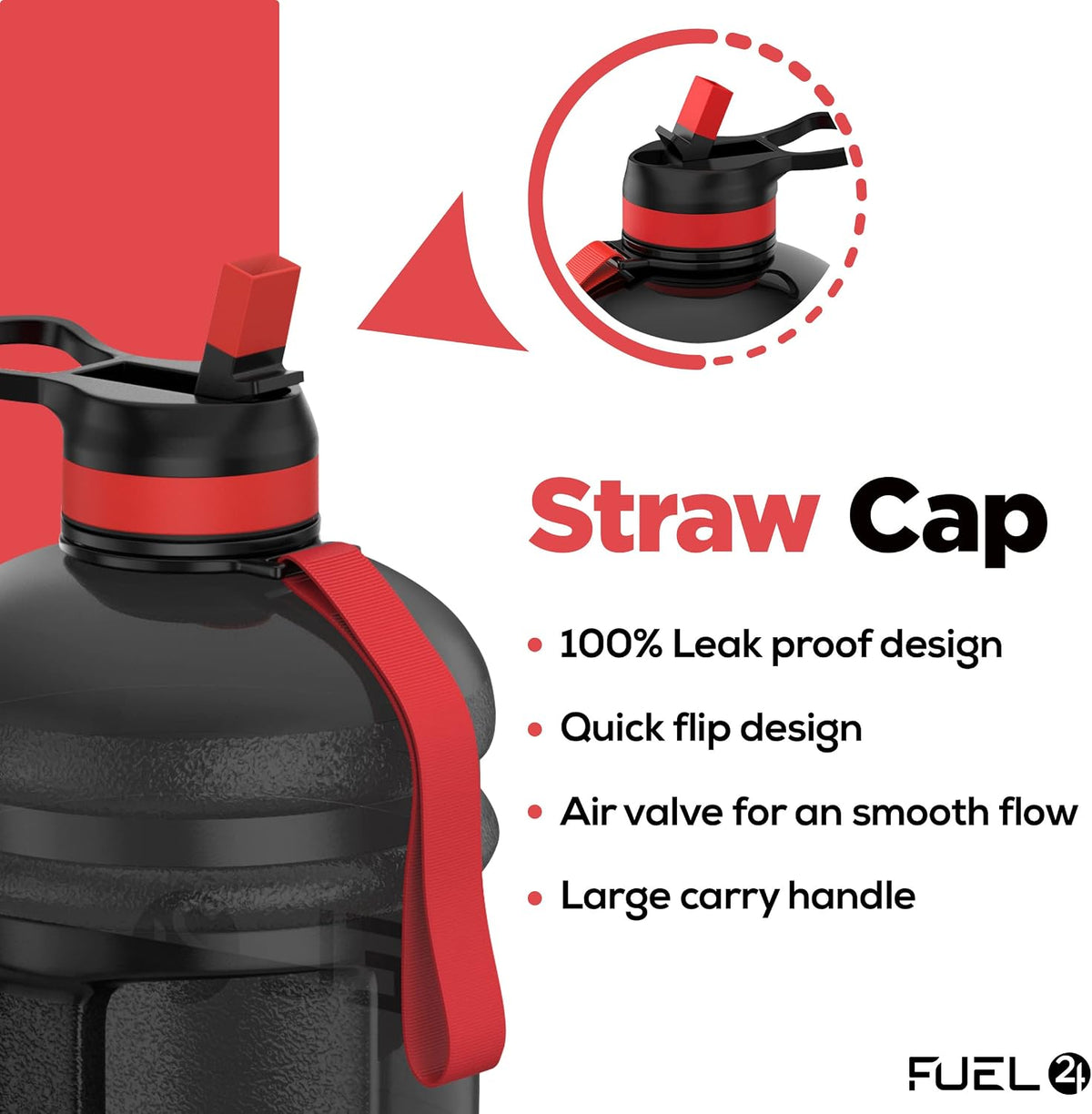 Fuel24 Jug - 2.2 Litre Water Bottle - Extra Strong Flex Material - Drop Proof, Pop or Straw Cap Options - 2.2L Large Gym Sports Bottle, BPA FREE