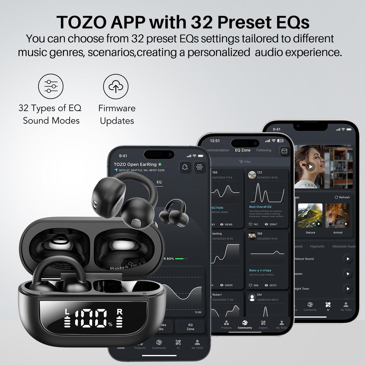 TOZO OpenEarRing Open Ear Earbuds 40H Bluetooth 5.4 Lightweight Comfort