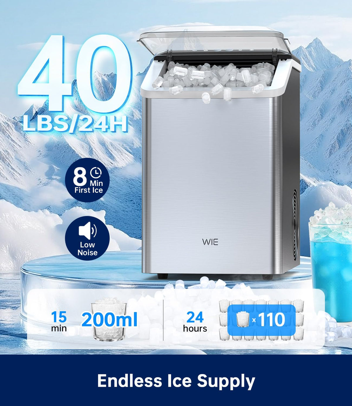 WIE Nugget Ice Maker Countertop, Sonic-Style Chewable Nugget Ice, 40lbs/Day, Fast Ice Making, Quiet Operation, Self-Cleaning Ice Maker Machine, Compact Ice Machine for Home Kitchen Party