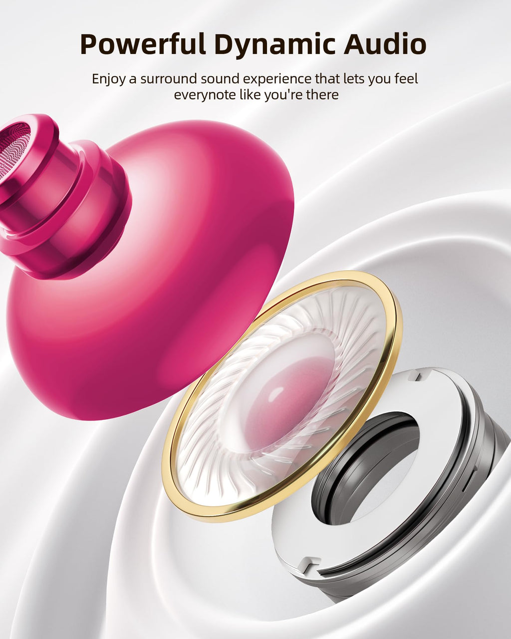 PocBuds Bluetooth Headphones Wireless Earbuds 80hrs Playtime Wireless Charging Case Digital Display Sports Ear Buds with Earhook Deep Bass IPX7 Waterproof Over-Ear Earphones for TV Phone Laptop Pink