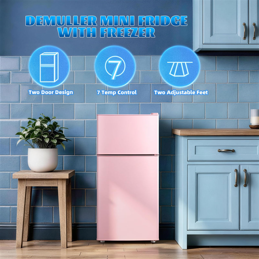 DEMULLER 45L Personal Double‑Door Mini Fridge With Freezer, Blue