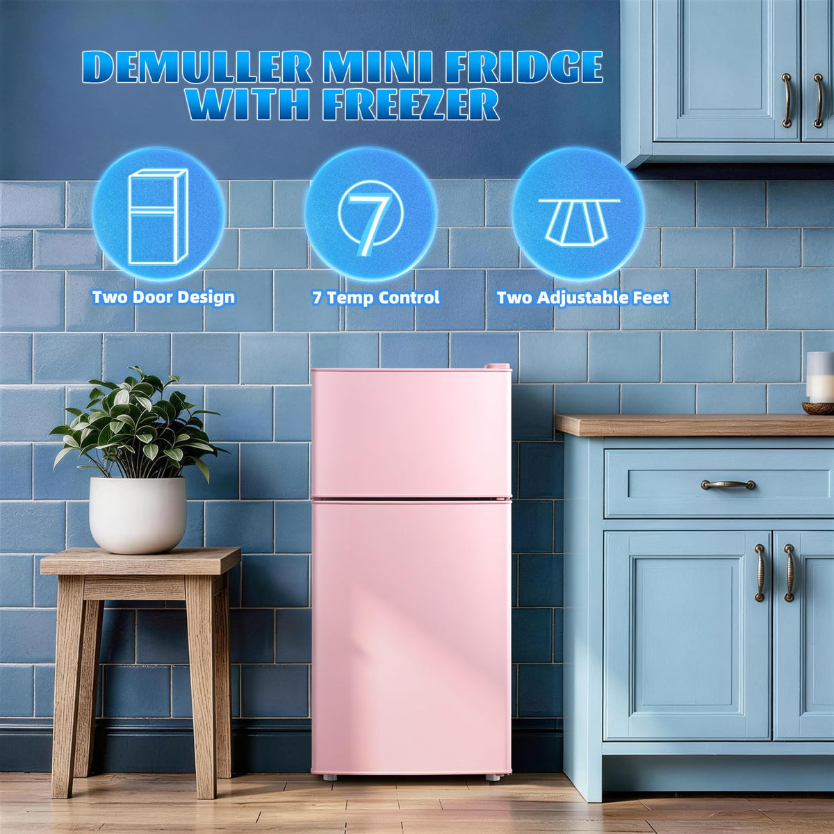 DEMULLER 45L Personal Double‑Door Mini Fridge With Freezer, Blue
