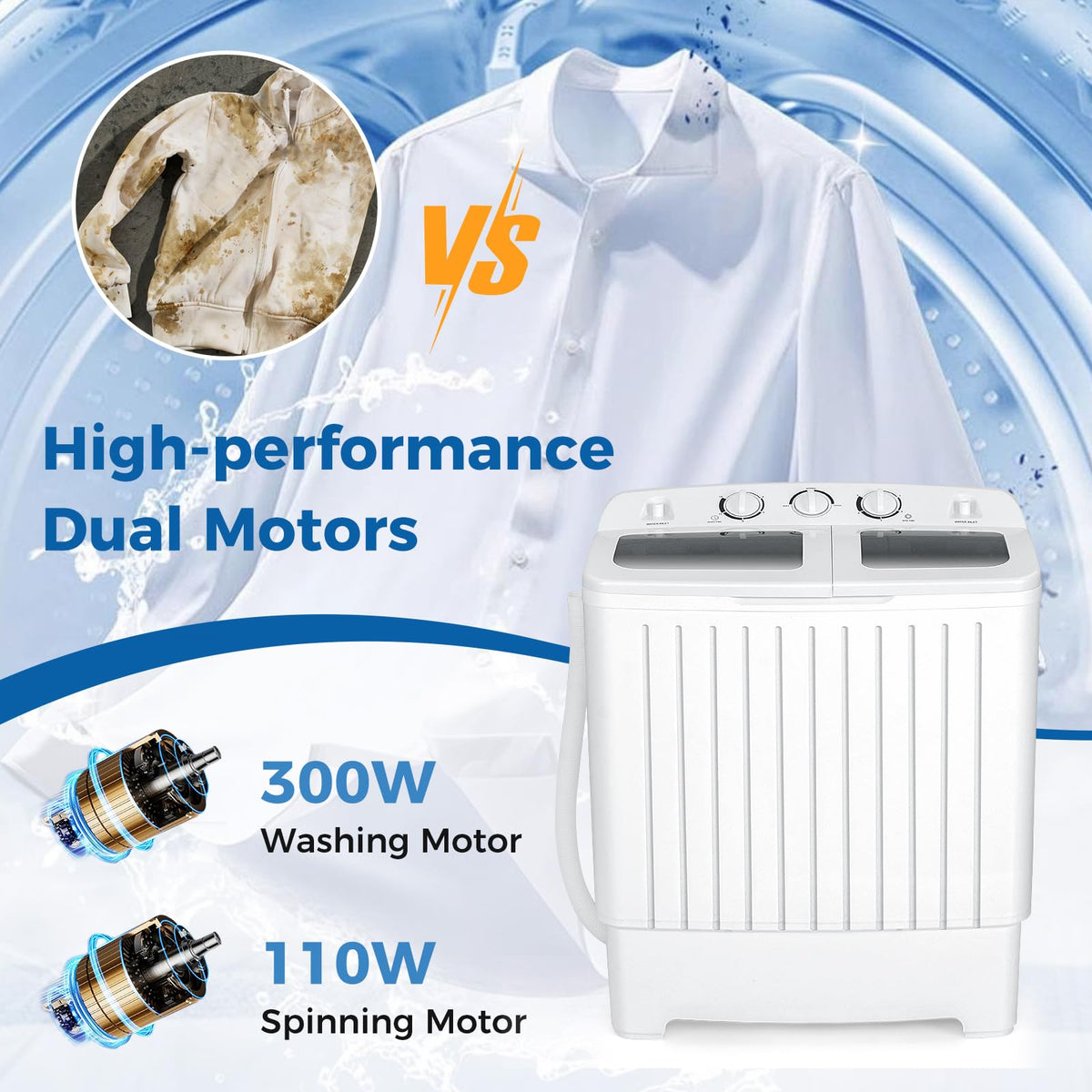 COSTWAY Portable Washing Machine, 12Lbs Washer and 8Lbs Spinner, Blue+White