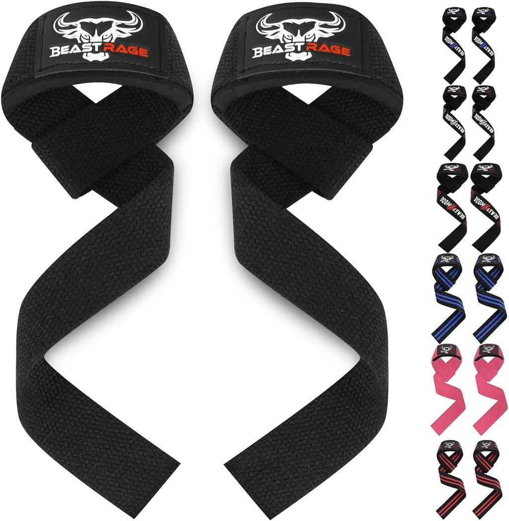 BEAST RAGE Weight Lifting Straps Fitness Padded Cotton Wrist Support Gel Advanced Grips Dumbbell Bar Wraps Heavy Duty Gym Bodybuilding Straps Power Deadlift Barbells Non Slip Exercise