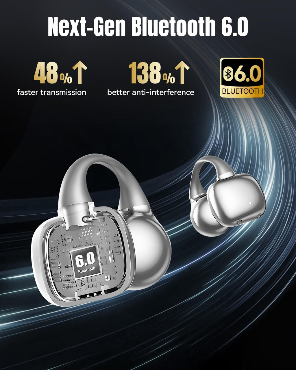 Kinglucky Clip-On Earbuds Gen 3, Open-Ear Wireless Bluetooth 6.0 Headphones with Mic, Secure Fit for Small Ears & Glasses Wearers, 50H Playtime, LED Digital Display, ENC, IPX5 Waterproof(Balck)