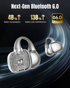 Kinglucky Clip-On Earbuds Gen 3, Open-Ear Wireless Bluetooth 6.0 Headphones with Mic, Secure Fit for Small Ears & Glasses Wearers, 50H Playtime, LED Digital Display, ENC, IPX5 Waterproof(Balck)