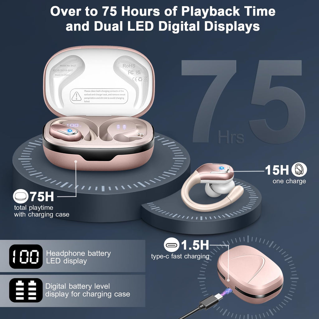Wireless Earbuds Sports, 75Hrs Bluetooth 5.4 Headphones, Bass Hi-Fi Stereo