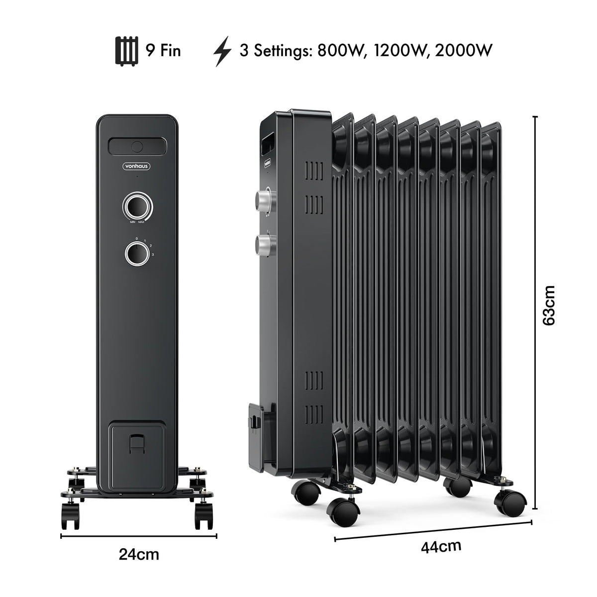 VonHaus Oil Filled Radiator 11 Fins – 2500W, 3 Heat Settings, 24 Hour Timer