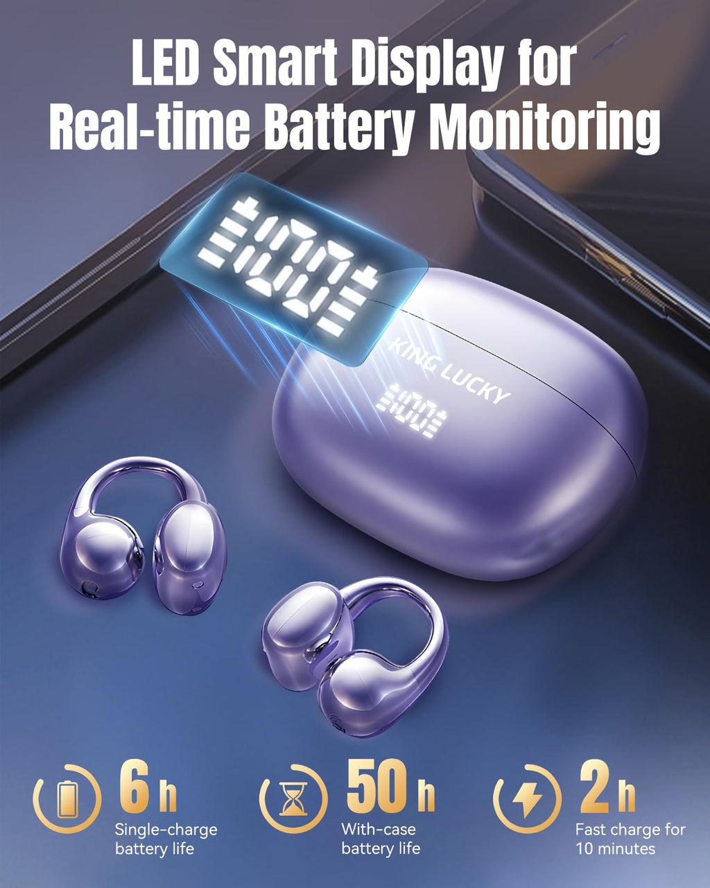 Kinglucky Clip-On Earbuds Gen 3, Open-Ear Wireless Bluetooth 6.0 Headphones with Mic, Secure Fit for Small Ears & Glasses Wearers, 50H Playtime, LED Digital Display, ENC, IPX5 Waterproof(Balck)