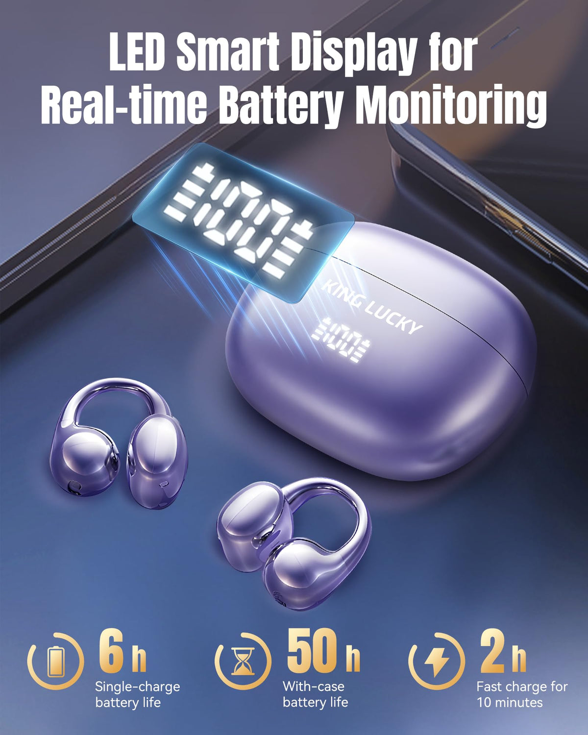 Kinglucky Clip-On Earbuds Gen 3, Open-Ear Wireless Bluetooth 6.0 Headphones with Mic, Secure Fit for Small Ears & Glasses Wearers, 50H Playtime, LED Digital Display, ENC, IPX5 Waterproof(Balck)