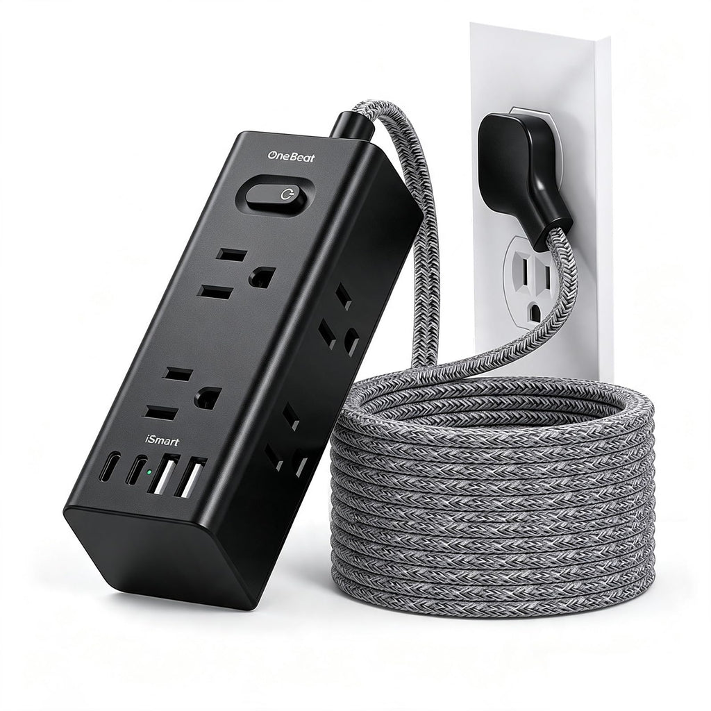 One Beat Surge Protector Power Strip, 5 Ft Flat Plug Extension Cord, 900J