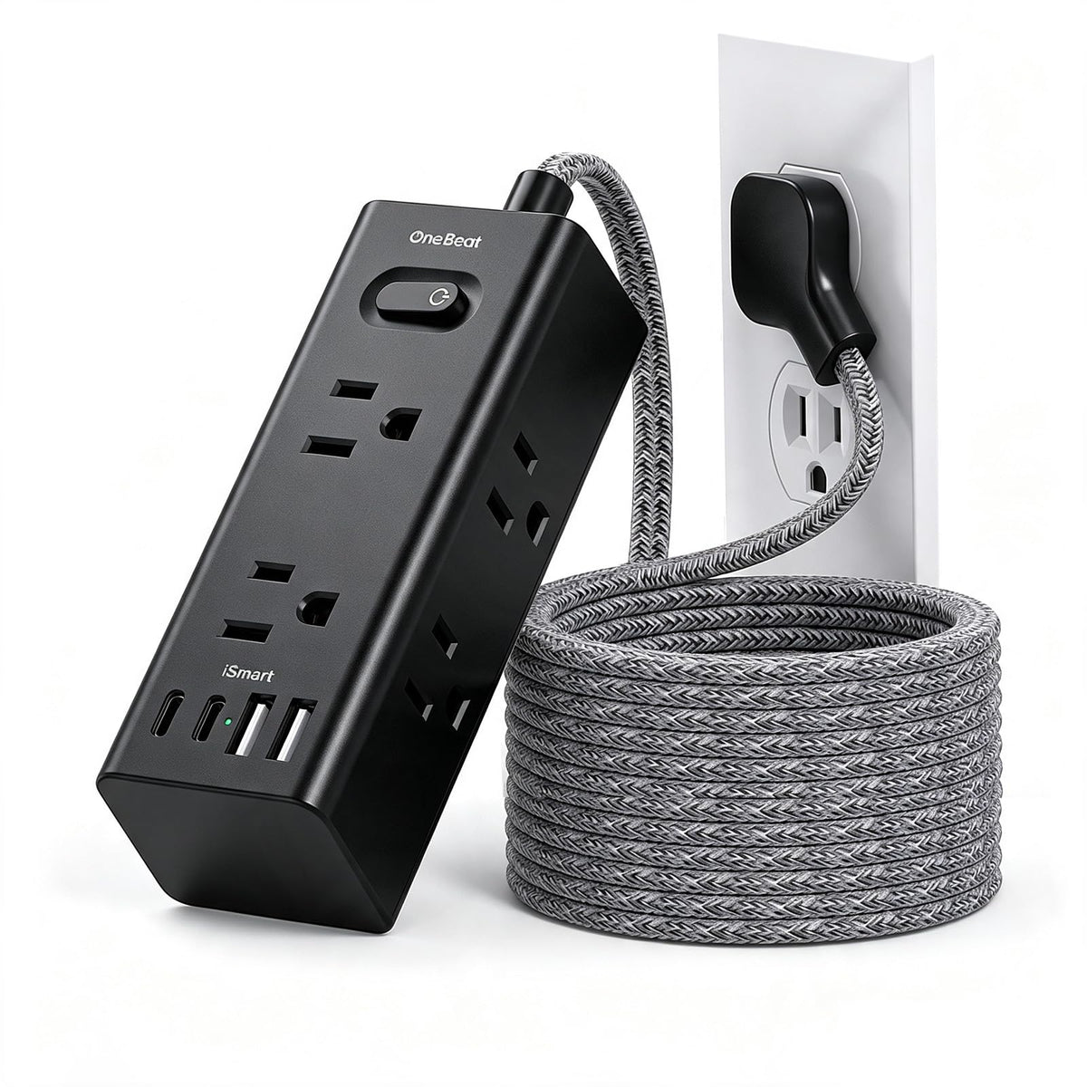 One Beat Surge Protector Power Strip, 5 Ft Flat Plug Extension Cord, 900J