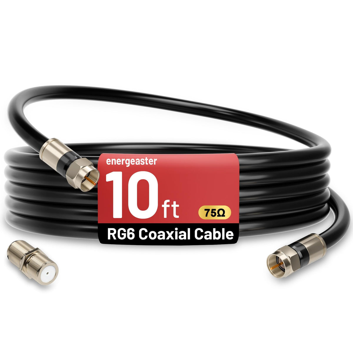 energeaster 10FT RG6 Coaxial Cable with Waterproof Rubber Boot, Black