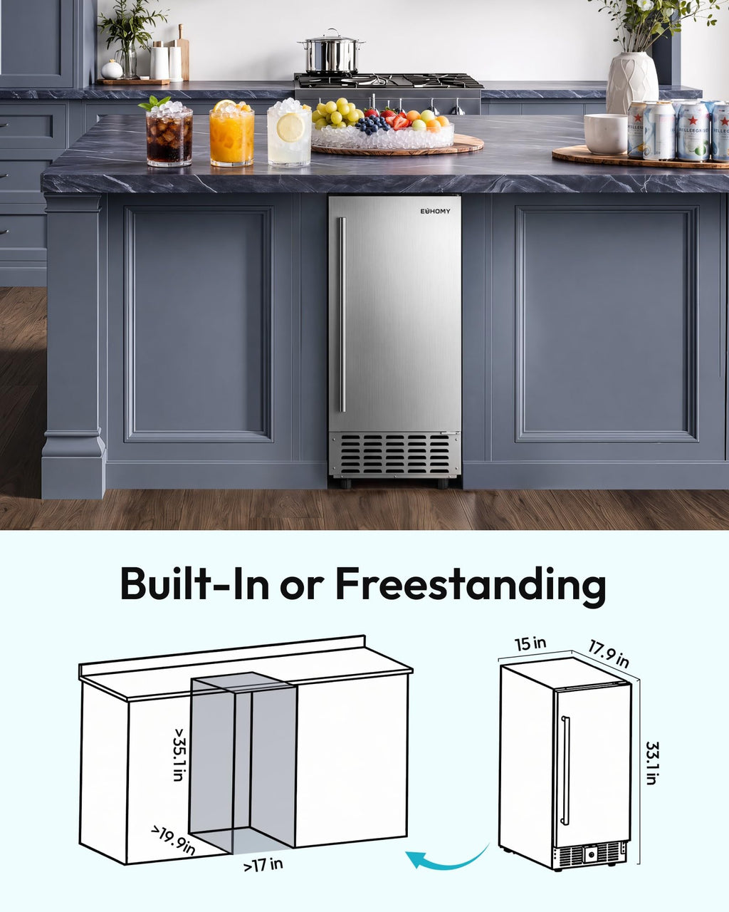 EUHOMY 15" Under Counter Ice Maker, 90lbs/24H, 24lb Bin, Gravity Drainage