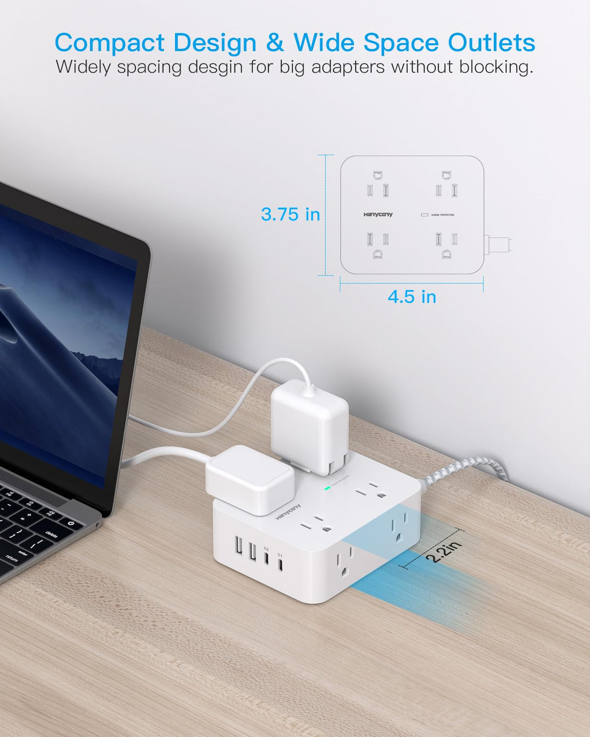 HANYCONY Surge Protector Power Strip, 10 Ft Braided Extension Cord, 1080J