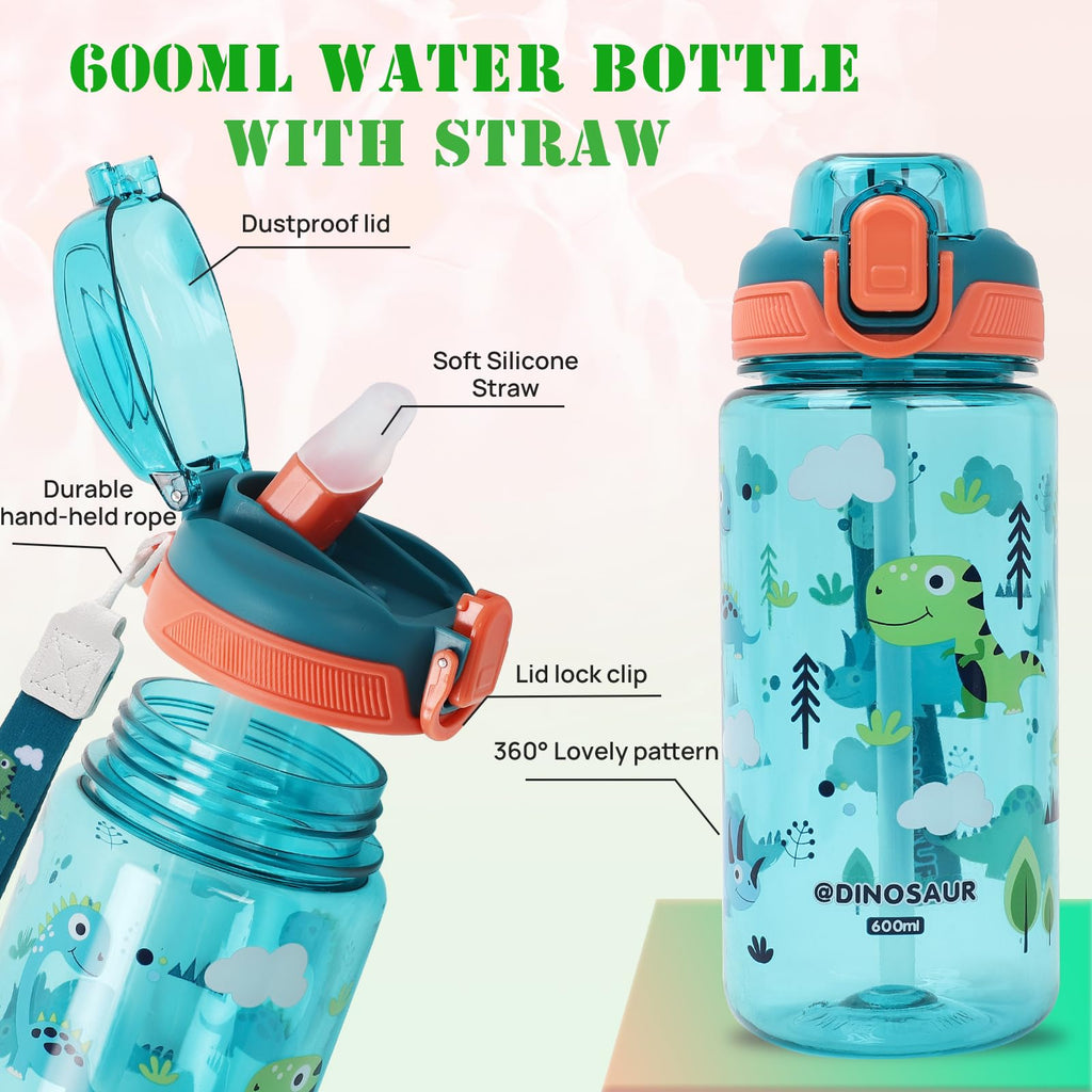 SENBSLAN Kids Water Bottles With Straw,600ml Drinks Bottle for School,Leakproof Children's Bottle BPA free Tritan Sport Bottle for Girls Boys (Pinkish Orange-Rabbit)