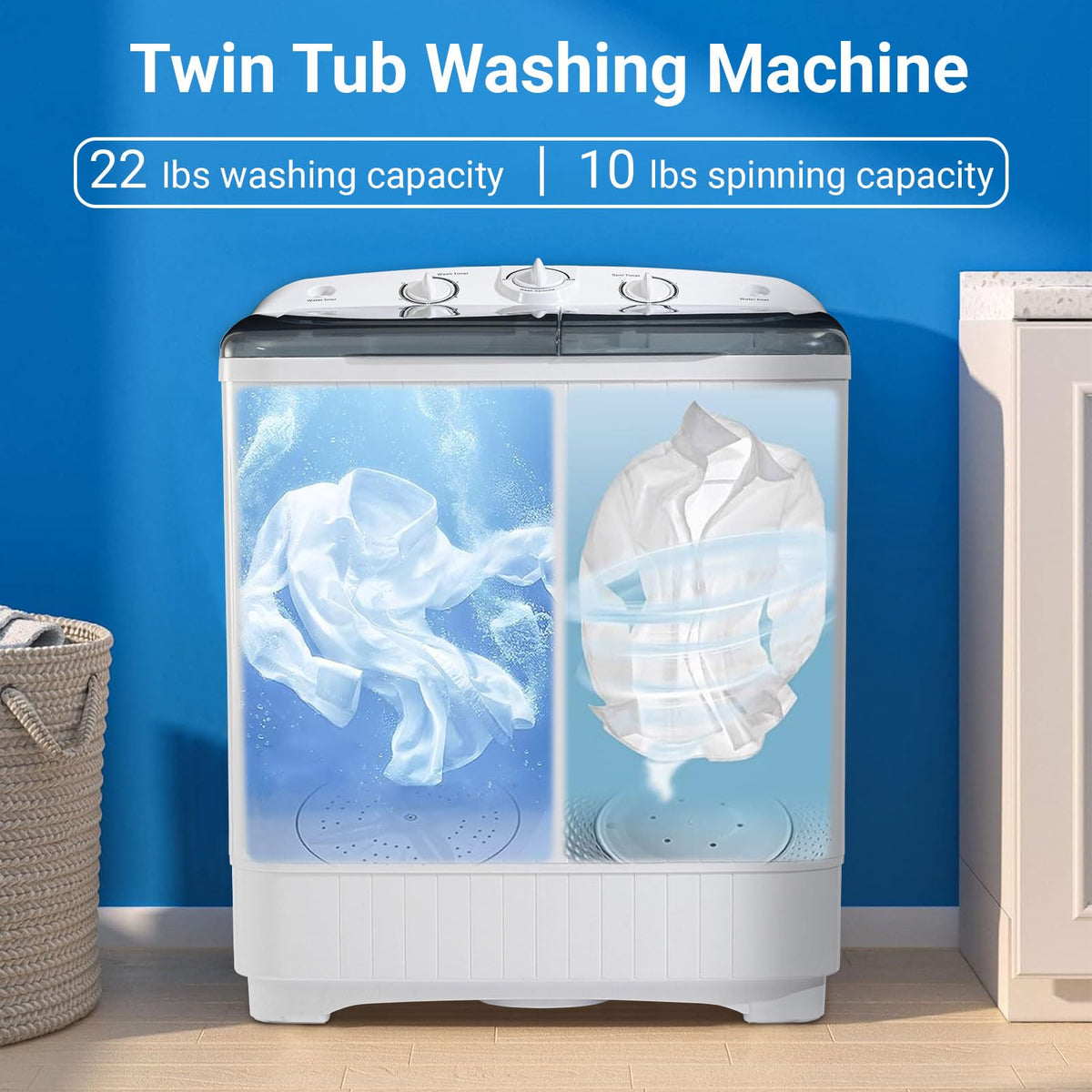 Erivess Portable Twin Tub 19lbs Washing Machine with Drying Rack and 10 Hangers, 12lbs Washer Mini Compact Laundry Machine with 7lbs Spinner, 1500rpm Semi-automatic Washer Combo for Dorm&Apartment