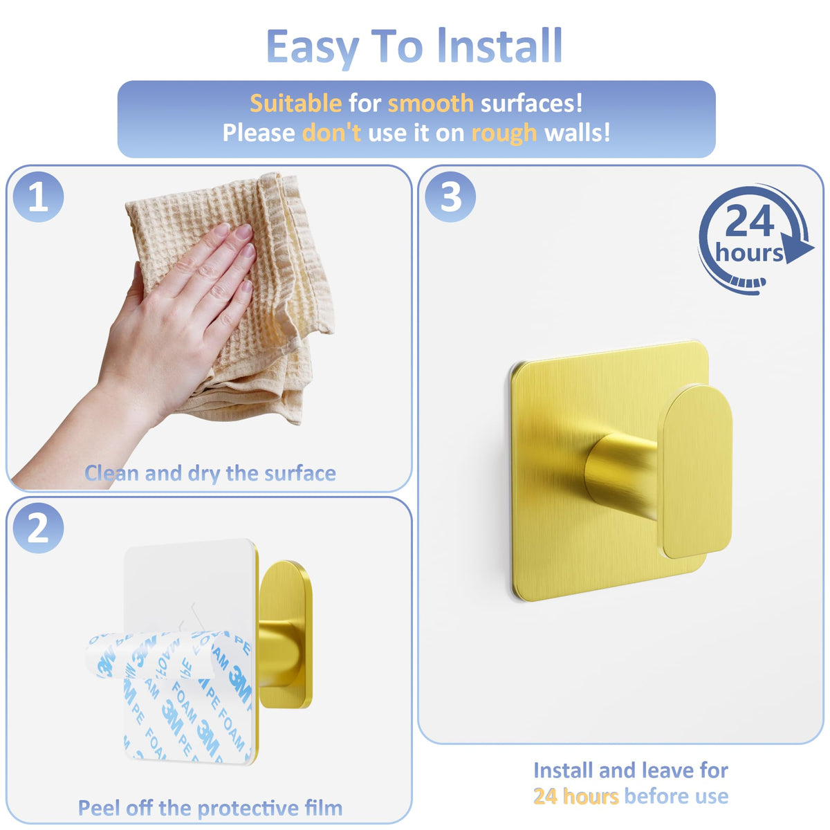 Aikzik Strong Self Adhesive Hooks - 6 Pack Heavy Duty 8kg(Max), Stainless Steel Sticky Hooks for Hanging for Towel, Coat, Robe, Stick on Bathroom, Kitchen, Door and Wall, Black