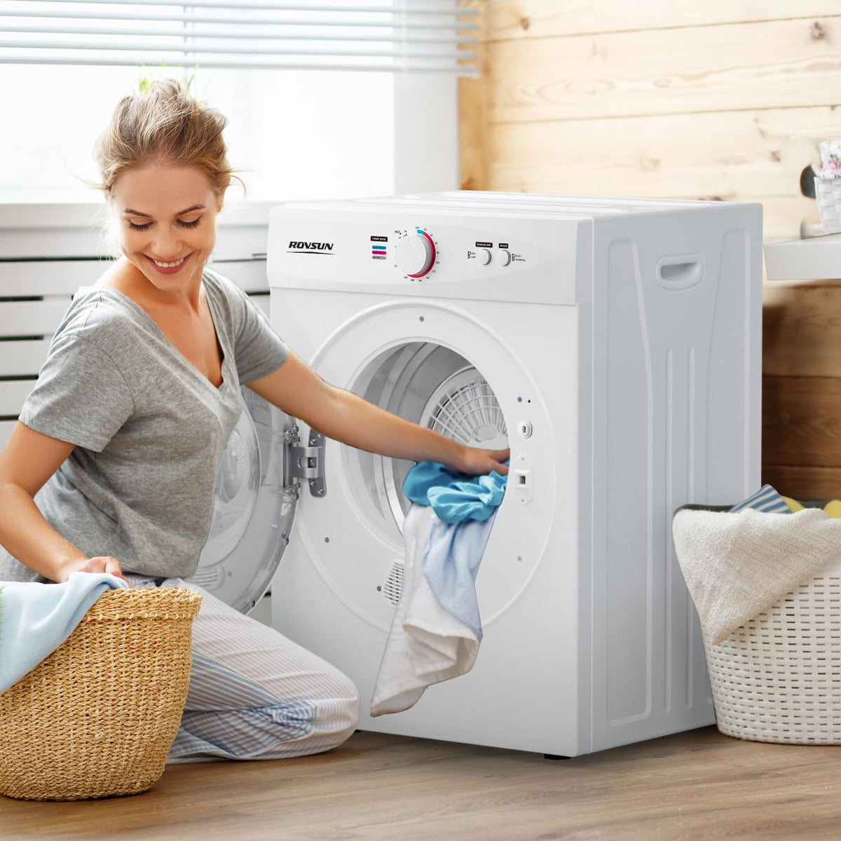 ROVSUN 110V Portable Clothes Dryer, High End Laundry Front Load Tumble Dryer Machine with Stainless Steel Tub & Simple Control Knob for Apartment, Dorm-850W, White