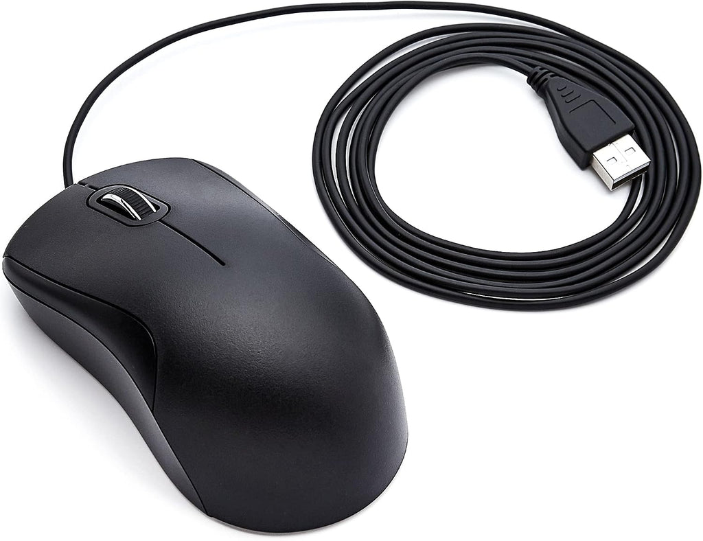 Amazon Basics USB Silent Wired Mouse, Black, 3-Button Optical
