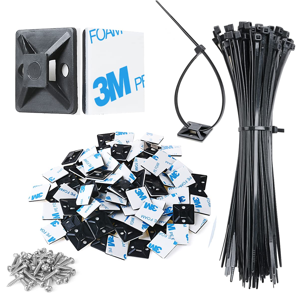 3/4" Strong Back-Glue Self Adhesive White Cable Zip Tie Mounts 100pcs with 8" Ties, Screws, Outdoor Sticky Wire Fasteners Cable Clips Management Anchors Organizer Holders Squares