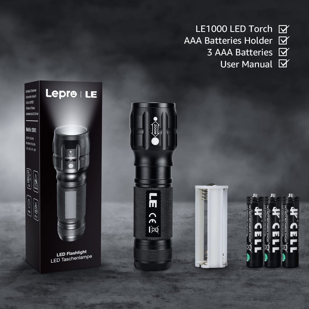 LE LED Torch, LE1000 Powerful Handheld Flashlight, Adjustable Focus, 4 PCs