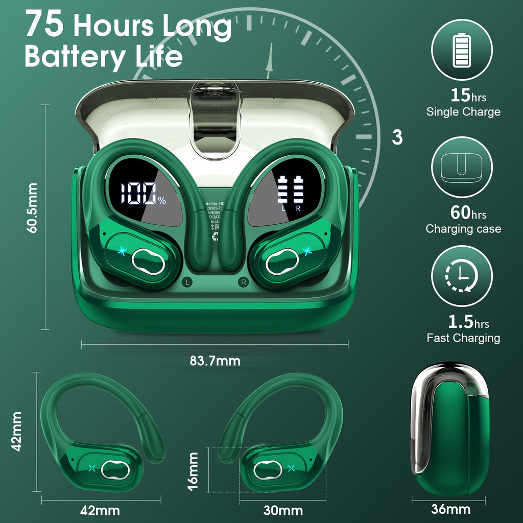 Aptkdoe Wireless Earbuds 75H Bluetooth 5.4 Sport Headphones with Earhooks