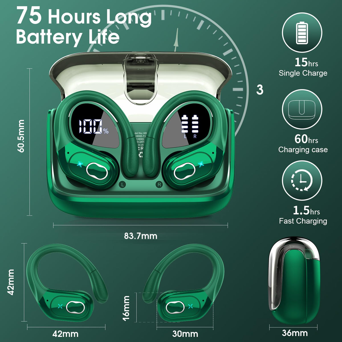 Aptkdoe Wireless Earbuds 75H Bluetooth 5.4 Sport Headphones with Earhooks