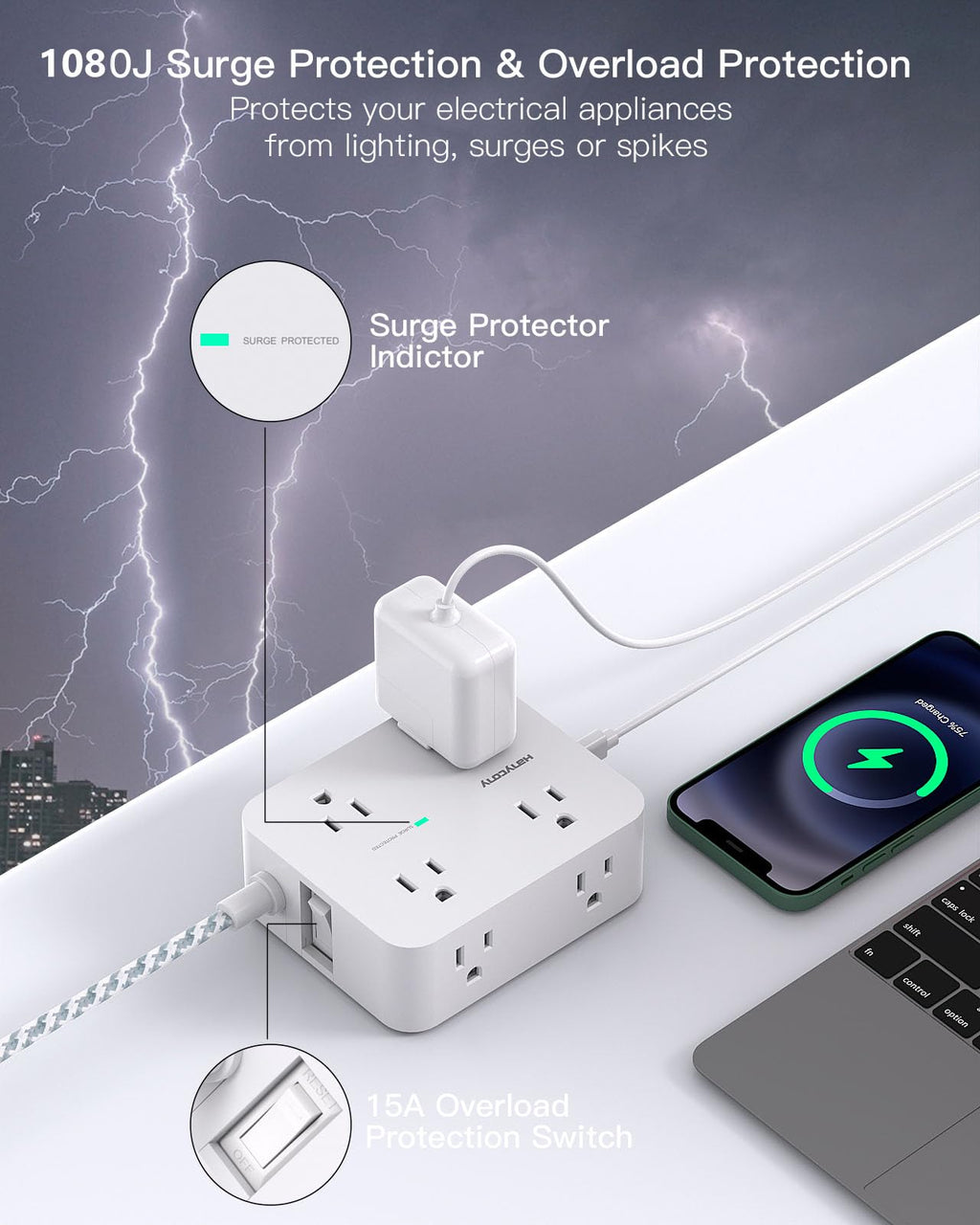 HANYCONY Surge Protector Power Strip, 10 Ft Braided Extension Cord, 1080J