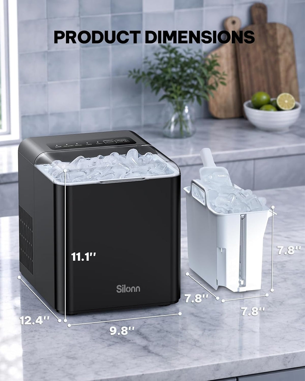 Silonn Ice Maker Countertop, 9 Cubes Ready in 6 Mins, 26lbs in 24Hrs, Self-Cleaning Ice Machine with Ice Scoop and Basket, 2 Sizes of Bullet Ice for Home Kitchen Office Bar Party