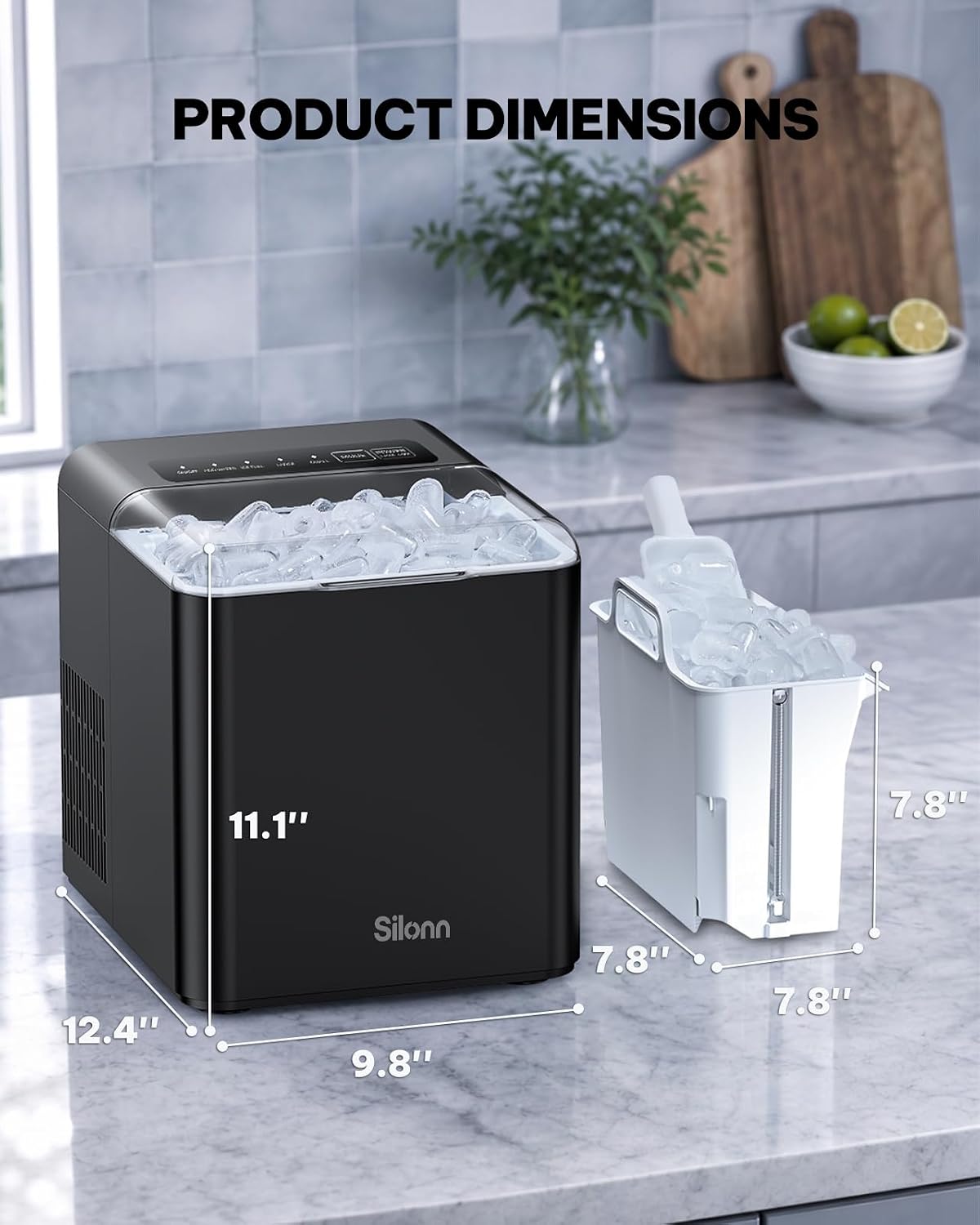Silonn Ice Maker Countertop, 9 Cubes Ready in 6 Mins, 26lbs in 24Hrs, Self-Cleaning Ice Machine with Ice Scoop and Basket, 2 Sizes of Bullet Ice for Home Kitchen Office Bar Party