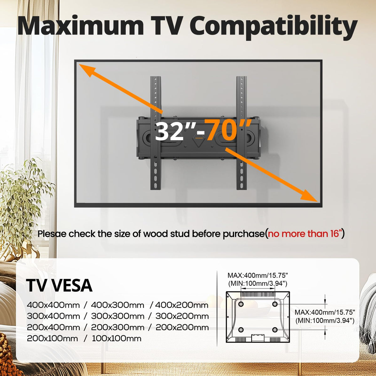 IWORKBOARD 55 65 75 85 inch Tilting TV Wall Mount for 32-90 '' TVs, Low Profile TV Mount Bracket, Safe Lock & Quick Release,Max VESA 600x400mm, 24 inch Studs,132 lbs, Fit Most 55+ 75+ 85+ 86 TVs