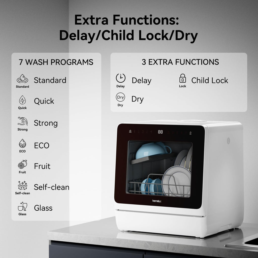 Hermitlux Slim Countertop Portable Dishwasher for Small Spaces