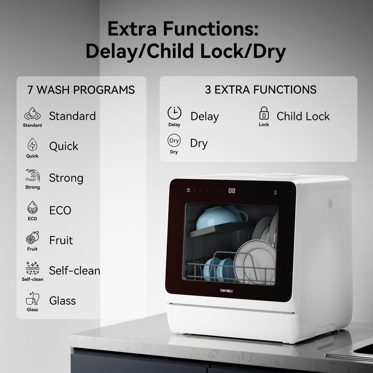 Hermitlux Slim Countertop Portable Dishwasher for Small Spaces