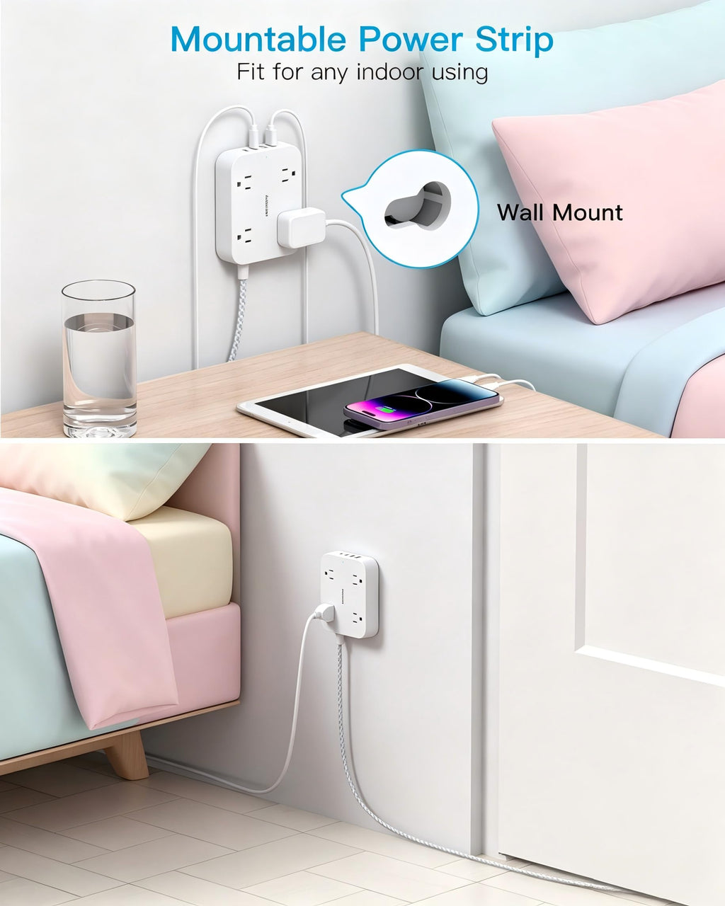 10 Ft Extension Cord, Flat Power Strip with 4 Outlets 4 USB Ports (2 USB C)