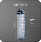Roe Tenpo Sports Water Bottle with Straw and Time Marking, and 32OZ Capacity - Motivational and Eco-Friendly BPA-Free Bottle for Running, Gym, Yoga, Outdoors, and Camping (Style-1, Black)