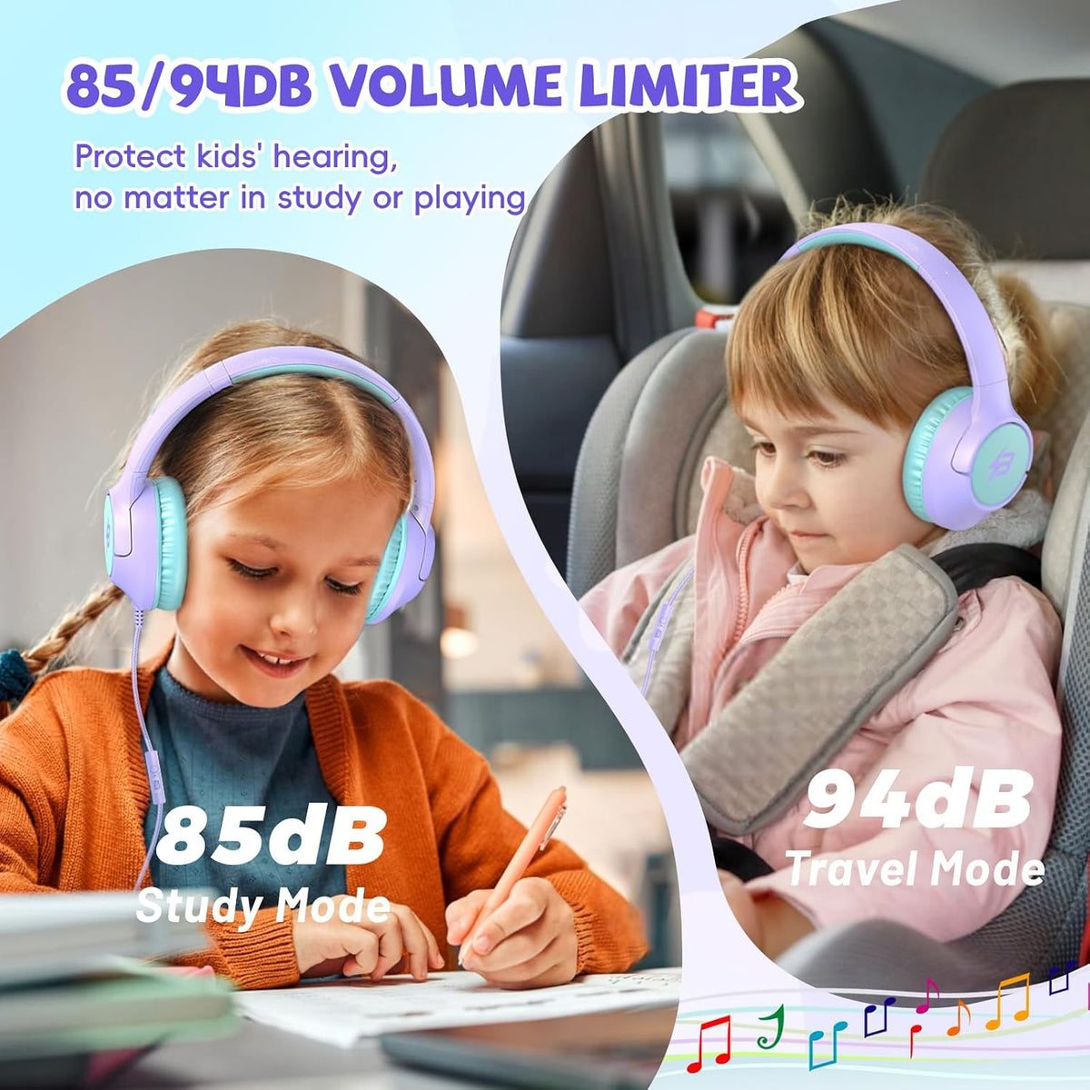 Botesty Sound Kids Headphones Wired for School, 3.5 Plug Safe Volume Purple