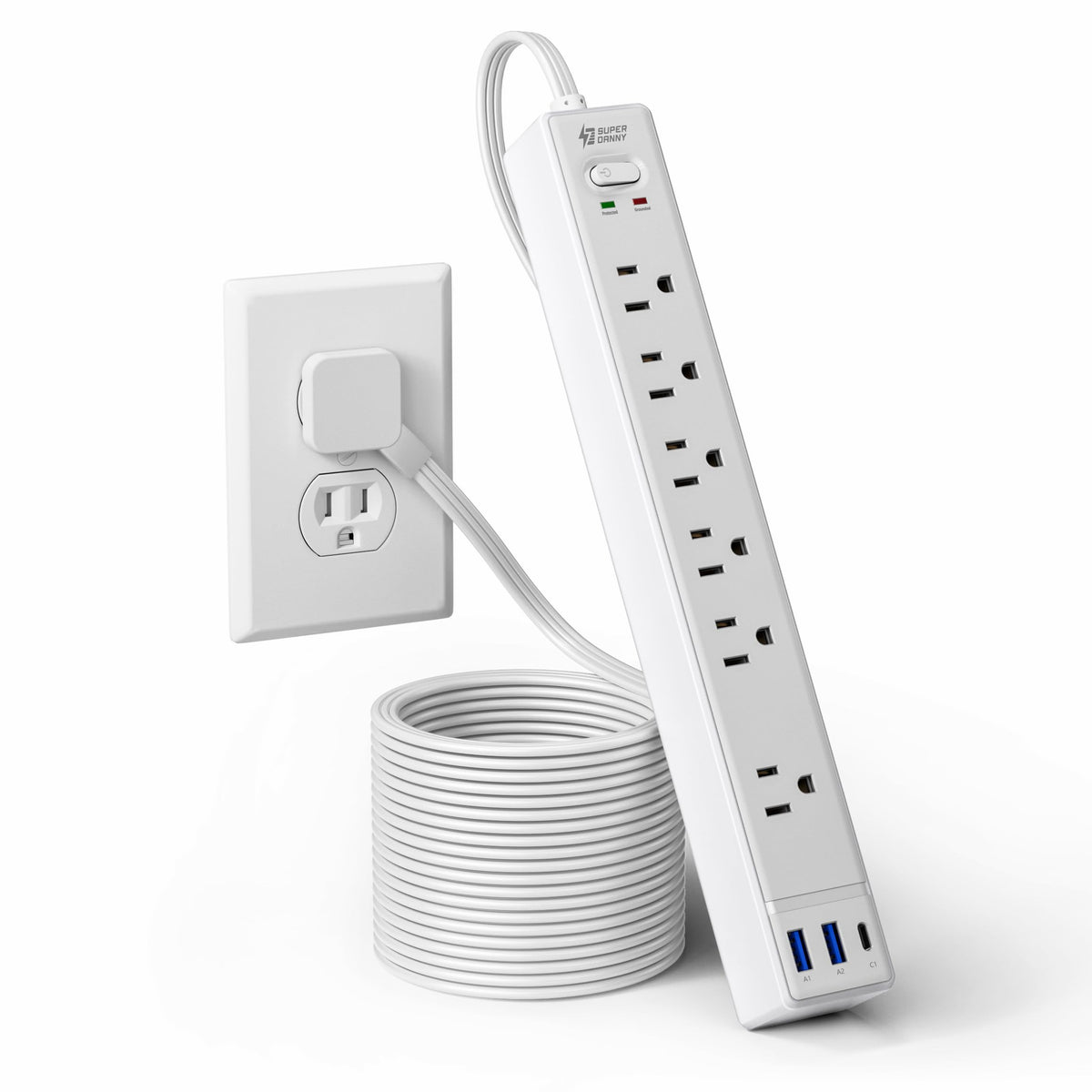 SUPERDANNY 6Ft Thin Extension Cord, Flat Plug Surge Protector Power Strip