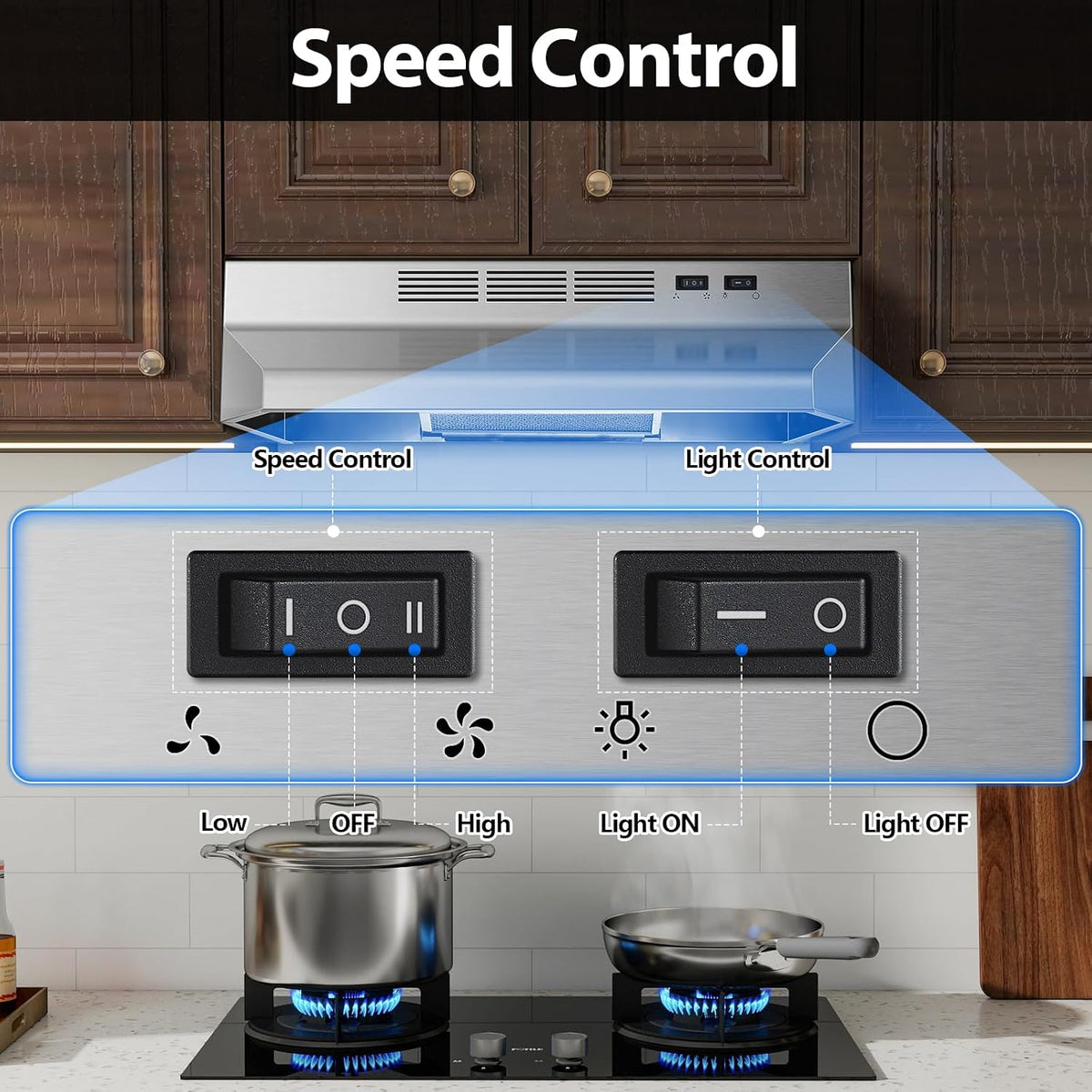 Tieasy Under Cabinet Range Hood 24 Inch, 400 CFM Stainless Steel Convertible Vent Hood with 2 Speed Exhaust Fan and Rocker Switch Control, Ducted/Ductless Kitchen Hood with Multiple Venting Options