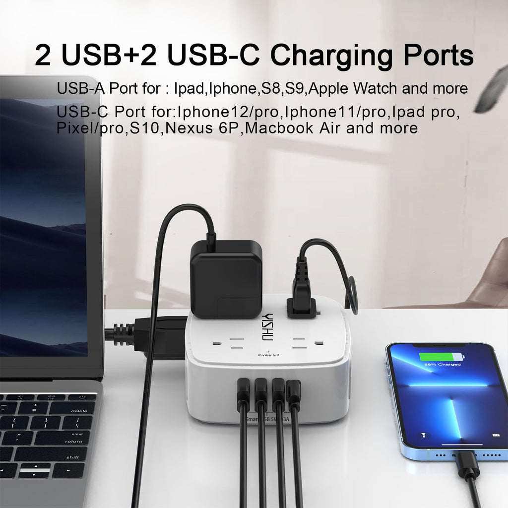 6 Ft Surge Protector Power Strip - YISHU 8 Widely Outlets with 4 USB Ports, 3 Side Outlet Extender with 6 Feet Flat Extension Cord, Ultra Flat Plug, Wall Mount, Desk USB Charging Station, ETL, Black